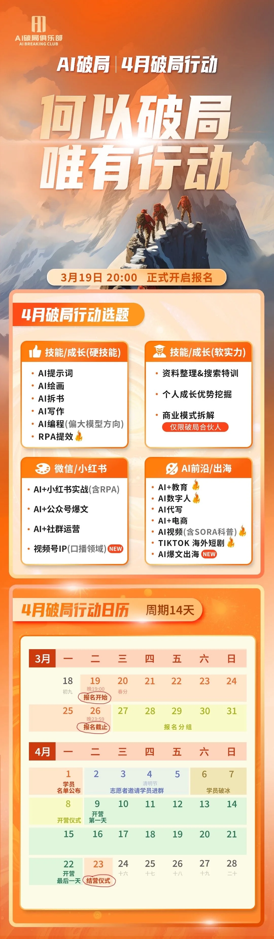 图片是AI破局俱乐部4月破局行动的宣传海报。上方标题为“AI破局 | 4月破局行动 何以破局 唯有行动”，并标注3月19日20:00正式开启报名。中间部分列出4月破局行动选题，包括AI提示词、AI绘画等技能成长（硬技能），以及资料整理、个人成长优势挖掘等技能成长（软实力）。下方是4月破局行动日历，周期14天，从3月18日开始，标注了各阶段的开始和结束时间，如3月18日开始学习，4月22日开始最后一轮训练。