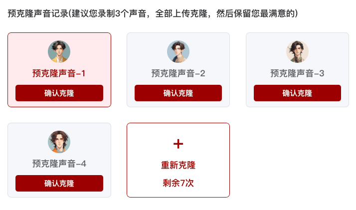 图片展示的是必火平台“声音克隆”页面中预克隆声音记录界面。界面上方提示“建议您录制3个声音，全部上传克隆，然后保留您最满意的”。下方有四个红色边框的白色卡片，分别显示“预克隆声音-1”“预克隆声音-2”“预克隆声音-3”“预克隆声音-4”，每张卡片下方都有“确认克隆”按钮。最下方有一个红色边框的卡片，显示“重新克隆”“剩余7次”，并有一个红色加号。该图片与上文提到的上传音频并选择预克隆中最好的一个进行声音克隆的内容相关。