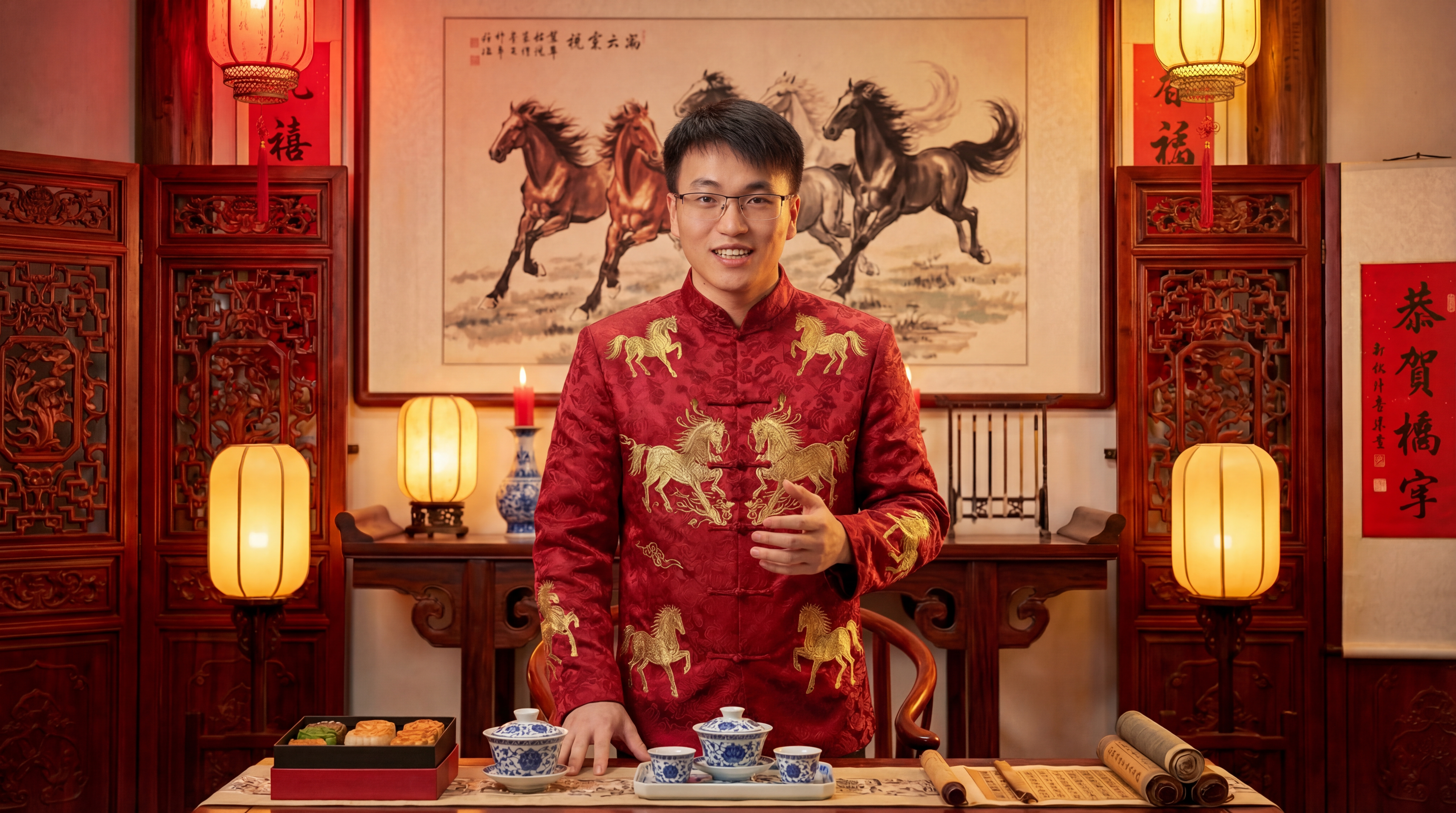 图片展示了一位身穿红色中式服装的男子，背景为中式装饰，墙上挂有四匹飞奔的马的画作，两侧有“福”字装饰，桌上摆放着茶具、糕点等物品。该图片位于介绍春节AI数字人拜年视频制作流程中“数字人长视频制作”部分，用于展示数字人拜年视频中数字人角色的形象，与上下文介绍的数字人拜年视频制作内容相呼应。
