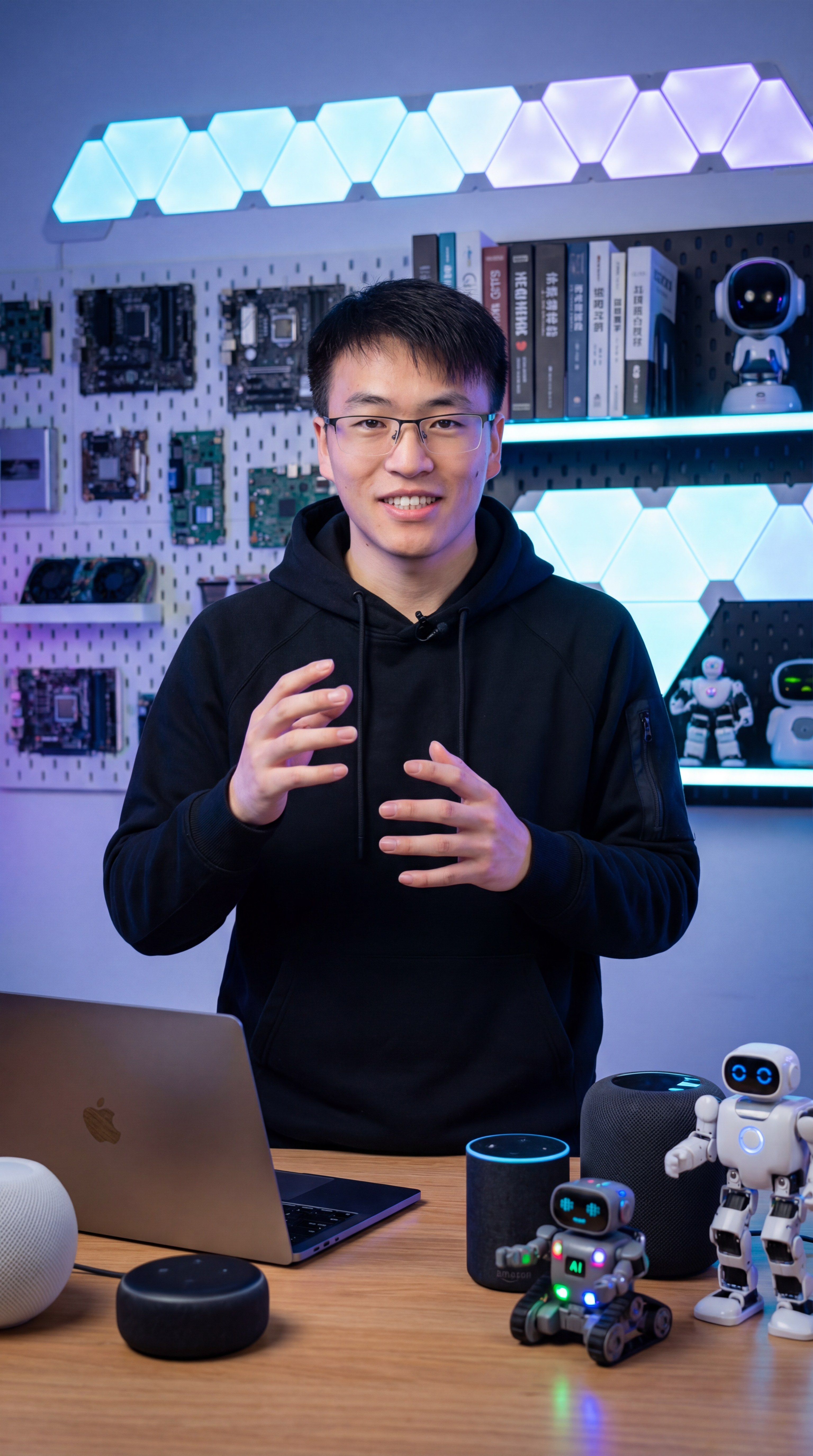 图片展示了一位身穿黑色连帽衫的博主，他站在桌前，桌上摆放着笔记本电脑、智能音箱等设备，桌前还有两款机器人。背景是冷色调灯光效果的墙面，墙面上有电路板等装饰，上方有排列整齐的书籍和一个机器人模型。博主面带微笑，手势生动，似乎在介绍或演示相关内容。此图与上文“灯光与氛围：冷色调的灯光效果突显科技氛围，聚光灯照亮博主的面部和手势，电脑和设备上的光芒映在他的脸上，营造出互动科技的未来感”相呼应，直观呈现了所描述的场景。