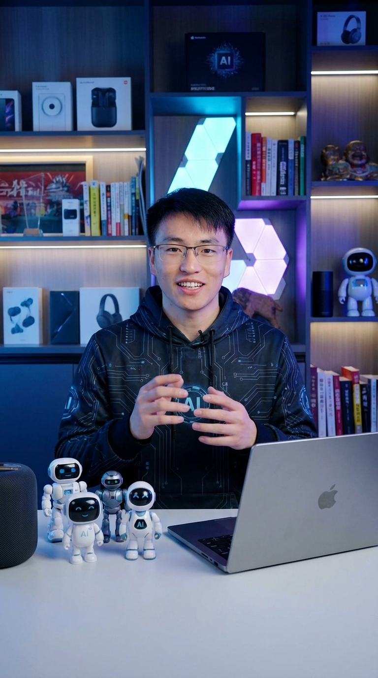 图片展示的是Nano Banana Pro AI数字人拜年视频中创建AI虚拟形象的场景。画面中，博主身着黑色带有电路图案的外套，手持手机，面带微笑，背景为深色木质墙面，摆放着多款科技产品、书籍、玩偶等，左侧有多个白色机器人模型，右侧是苹果笔记本电脑。背景墙上有“AI”标识的灯牌，整体灯光偏冷色调，营造出科技氛围，与上下文介绍的灯光与氛围、技术规格等内容相契合。