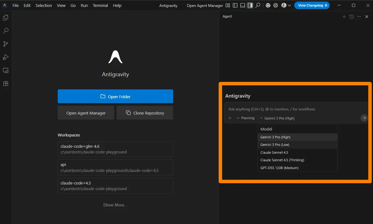 图片展示了Google Antigravity平台界面。左侧为平台主界面，有“Open Folder”等操作按钮，下方是工作空间列表。右侧是“Agent”区域，突出显示了“Antigravity”部分，其中“Ask anything (Ctrl+L) to mention / for workflows”为提示语，下方有“Planning”选项，其下拉菜单中列出“Gemini 3 Pro (High)”“Gemini 3 Pro (Low)”“Claude Summit 4.5”“Claude Summit 4.5 (Thinking)”“GPT-4X 1208 (Medium)”等模型选项。该图与文档中介绍Google Antigravity作为新智能体开发平台的内容相关，展示了其模型选择功能。