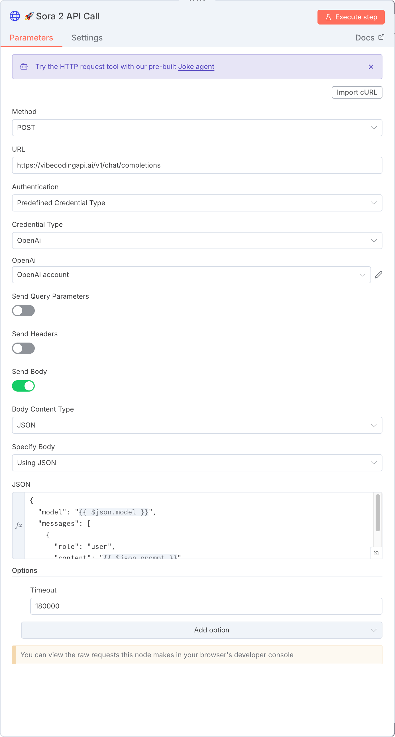 图片展示的是n8n工作流中添加HTTP Request节点的设置界面。Method为POST，URL为https://vibecodingapi.ai/v1/chat/completions，Authentication为Predefined Credential Type，Credential Type选择OpenAi，OpenAi下拉框显示“OpenAI account”。Send Query Parameters和Send Headers开关关闭，Send Body开关打开，Body Content Type为JSON，Specify Body选择Using JSON，JSON内容为模型和对话输入等信息。该图与上下文介绍的n8n工作流设置HTTP Request节点操作步骤相关，直观呈现了设置参数的具体界面。