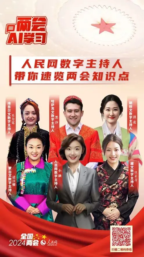 图片是人民网数字主持人介绍两会知识点的宣传海报。海报上方有“两会AI学习”字样，中间标题为“人民网数字主持人带你速览两会知识点”。下方展示了7位数字主持人，分别对应维吾尔文、哈萨克文、蒙古文、藏文、朝鲜文、英文、日文等语言，每位主持人旁有其对应语言标识。海报底部有“全国2024两会”字样及人民网标志，右下角有二维码。该图片与上下文介绍的人民网数字主持人讲解两会内容相呼应。