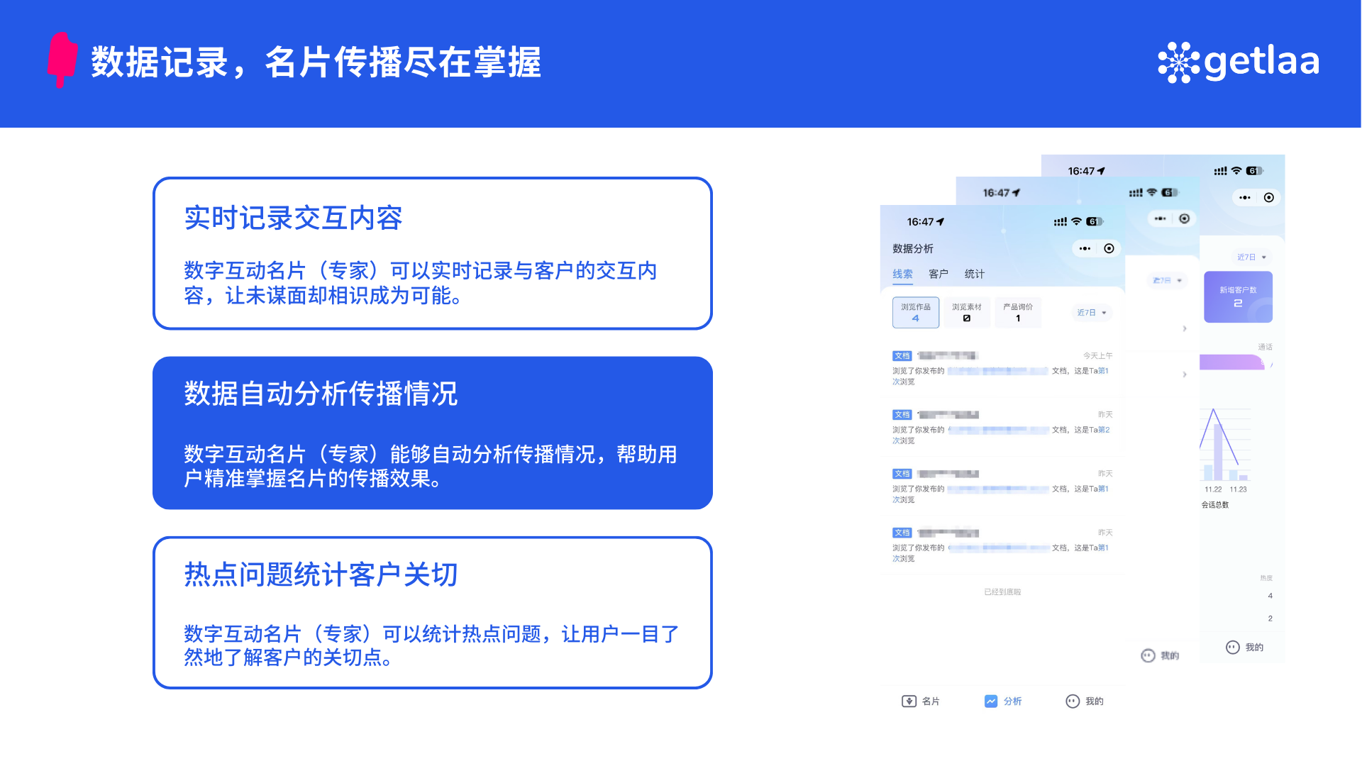 图片展示了数字互动名片（专家）的数据记录功能，包括实时记录交互内容、数据自动分析传播情况、热点问题统计客户关切等。左侧有三个蓝色框，分别说明数字互动名片可实时记录与客户的交互内容，让未见面却相识成为可能；能自动分析传播情况，帮助用户精准掌握名片的传播效果；可统计热点问题，让用户一目了然地了解客户的关切点。右侧是数字互动名片的界面截图，显示了数据统计、客户分析等功能。该图片与文档中“数据记录”部分内容相关，直观呈现了数字互动名片的数据记录优势。