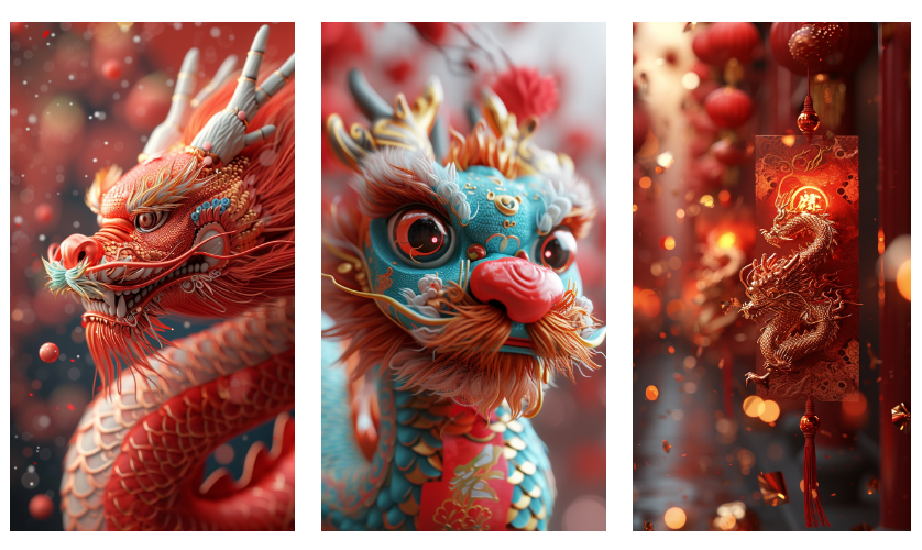 图片展示了三幅精美的AI绘画作品。左侧是一条红色的龙，龙身鳞片细腻，张开大嘴，背景有红色的光斑和装饰。中间是一条蓝色的龙，龙身花纹复杂，龙须卷曲，背景同样有红色光斑。右侧是一张红色的挂饰，挂饰上有金色的龙图案，背景有红色的灯笼和光斑。这些作品色彩鲜艳，细节丰富，与上下文介绍的AI绘画工具画出精美、漂亮的图片相契合。