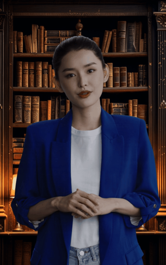 图片展示的是HeyGen内置数字人形象，身着蓝色西装外套，内搭白色T恤，下穿浅色牛仔裤，双手交叉于身前。背景为书架，摆放着多排书籍，营造出一种知识氛围。该图片与文档中“HeyGen已经内置很多虚拟形象”及“HeyGen内置数字人可以有手势”的内容相关，直观呈现了HeyGen内置数字人的形象样式，为挑选数字人形象提供参考。