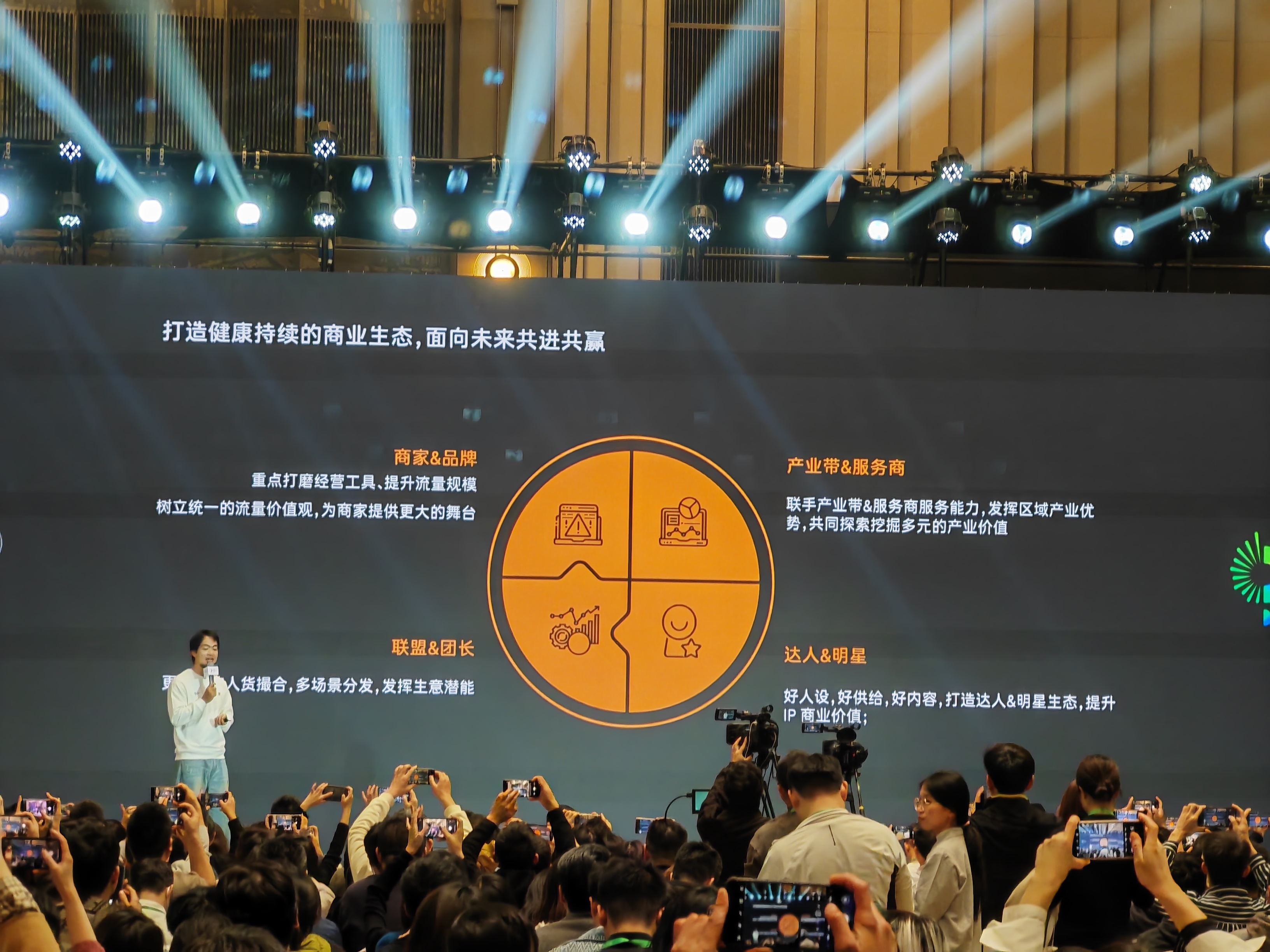 图片展示了2024「微信公开课」的现场场景，台上一位演讲者正在发言，台下众多观众举着手机拍摄。背景大屏上有“打造健康持续的商业生态，面向未来共进共赢”的文字，中间是一个四分区的圆形图示。四个分区分别对应商家&品牌、产业带&服务商、联盟&团长、达人&明星，各分区配有图标和文字说明，阐述了不同主体在视频号直播带货生态中的发展方向，与文档中关于视频号直播带货的内容相呼应。