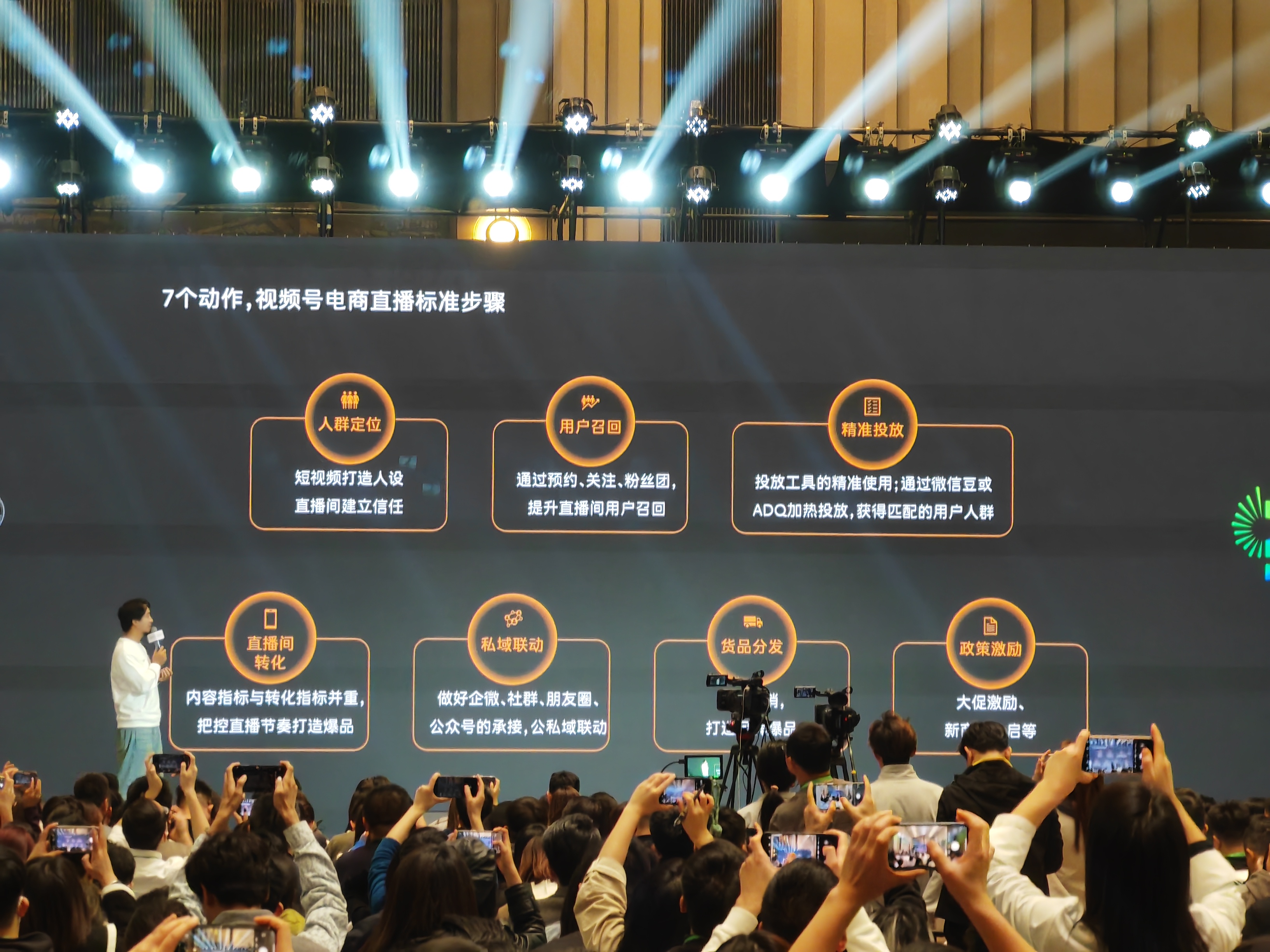 图片展示了2024「微信公开课」现场，屏幕上呈现“7个动作，视频号电商直播标准步骤”。分别为人群定位，通过短视频打造人设、直播间建立信任；用户召回，借助预约等提升召回；精准投放，精准使用投放工具获取匹配人群；直播间转化，兼顾内容与转化指标打造爆品；私域联动，做好公私域承接；货品分发，打造爆品；政策激励，提供大促激励等。现场有一人正在讲解，台下观众纷纷用手机拍摄。