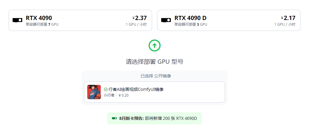 图片展示的是仙宫云平台上ComfyUI镜像部署时选择GPU型号的界面。上方有两种GPU型号供选择，分别是RTX 4090，每1 GPU/小时价格为2.37元，单容器可部署7 GPU；RTX 4090 D，每1 GPU/小时价格为2.17元，单容器可部署3 GPU。下方显示已选择行者AI绘画视频ComfyUI镜像，价格为0.20元。底部还有8月新卡预告，即将新增200张RTX 4090D。该图片与文档中介绍使用仙宫云进行ComfyUI镜像部署的内容相关，是部署过程中的一个环节展示。