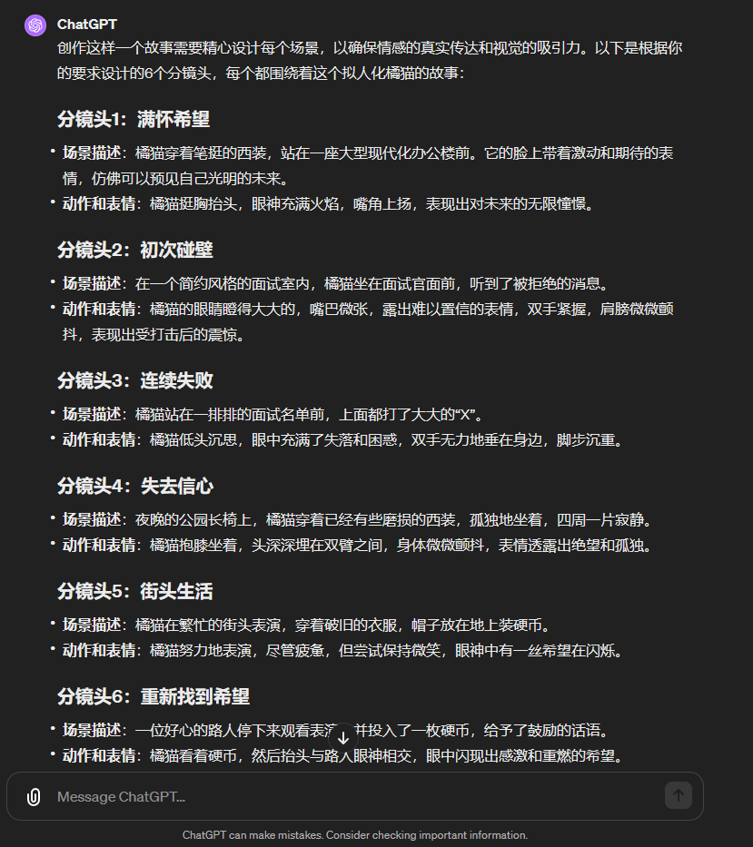 图片展示了ChatGPT根据用户要求创作的6个分镜头故事，围绕拟人化橘猫钢笔的故事。每个分镜头包含场景描述、动作和表情，如满怀希望时站在现代化办公大楼前，初次碰壁时在面试室被拒，连续失败时在名单前失落，失去信心时在公园长椅上孤独，街头生活时在街头卖艺，重新找到希望时路人给予鼓励。这些分镜头详细描绘了橘猫钢笔的心路历程，与上下文关于分镜头设计的说明相契合。