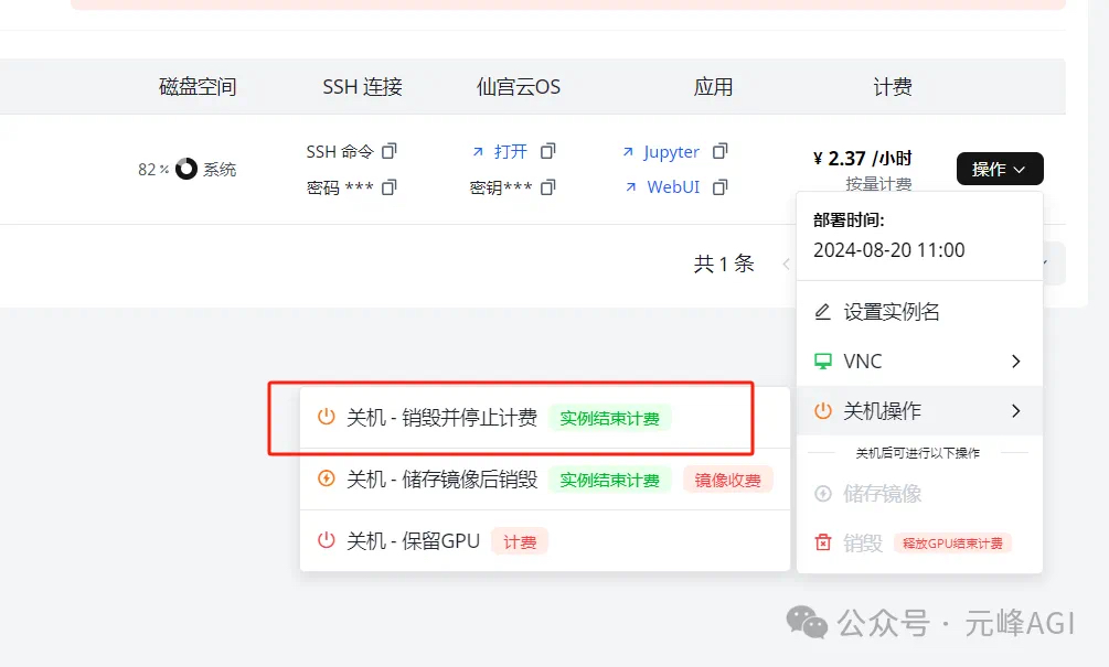 图片展示了仙宫云操作界面中关于关机操作的选项。界面右上方显示计费为2.37元/小时，操作栏中有“关机 - 销毁并停止计费”“关机 - 储存镜像后销毁”“关机 - 保留GPU”等选项。其中，“关机 - 销毁并停止计费”选项被红色框线突出显示。该图片与文档上下文相关，对应文档结尾处“用完记得关闭机器，不然会持续扣费”的提醒，直观呈现了停止计费的关机操作选项。