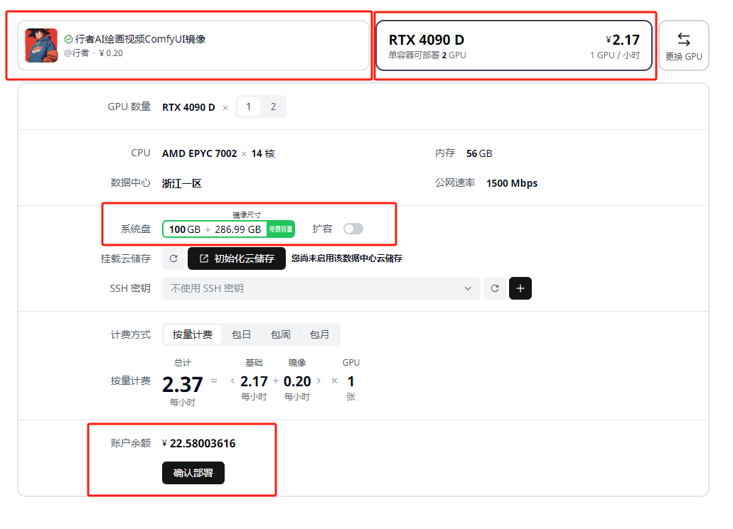 图片展示的是仙宫云ComfyUI Flux镜像部署过程中的配置界面。界面左上角显示“行者AI绘画版ComfyUI镜像”；右上角显示GPU为RTX 4090 D，单价2.17元/小时。系统盘容量为100GB，已使用286.99GB。界面下方显示计费方式及总计费用为2.37元（由镜像2.17元加镜像使用0.2元组成），还显示了账户余额。最下方有“确认部署”按钮。此图对应文档中选择镜像后点击确认部署前的操作步骤，用于展示镜像配置及费用等信息。