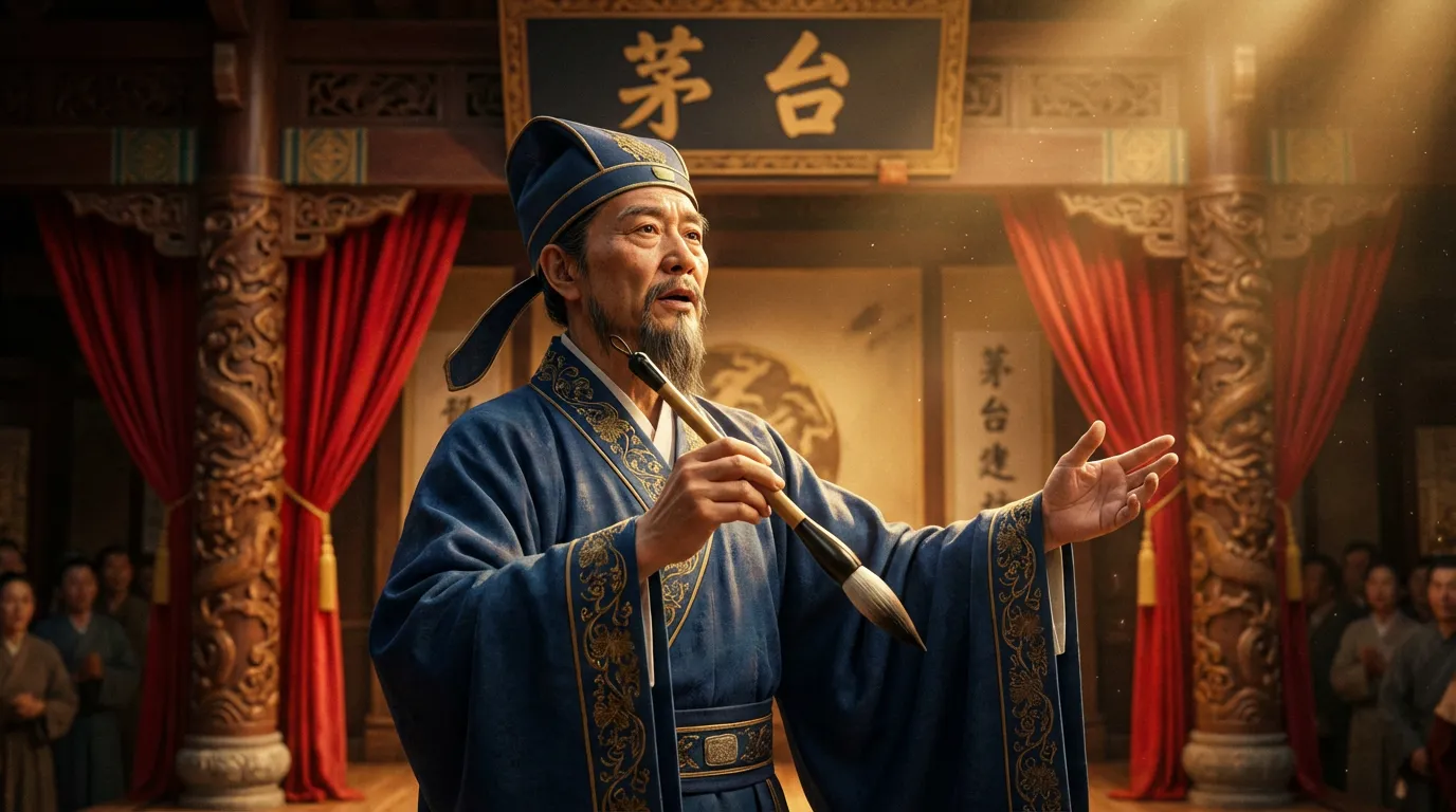 图片展示的是茅台MV中苏角色杜甫的形象。他身着传统蓝色长袍，手持毛笔，神情专注，背景为古色古香的建筑，两侧有红色窗帘，上方悬挂“茅台”牌匾。画面右侧有“茅台建设”字样。此图作为杜甫的主图，后续将用于生成杜甫弹弹吉他、沉思、侧面等不同场景下的形象，体现人物一致性。