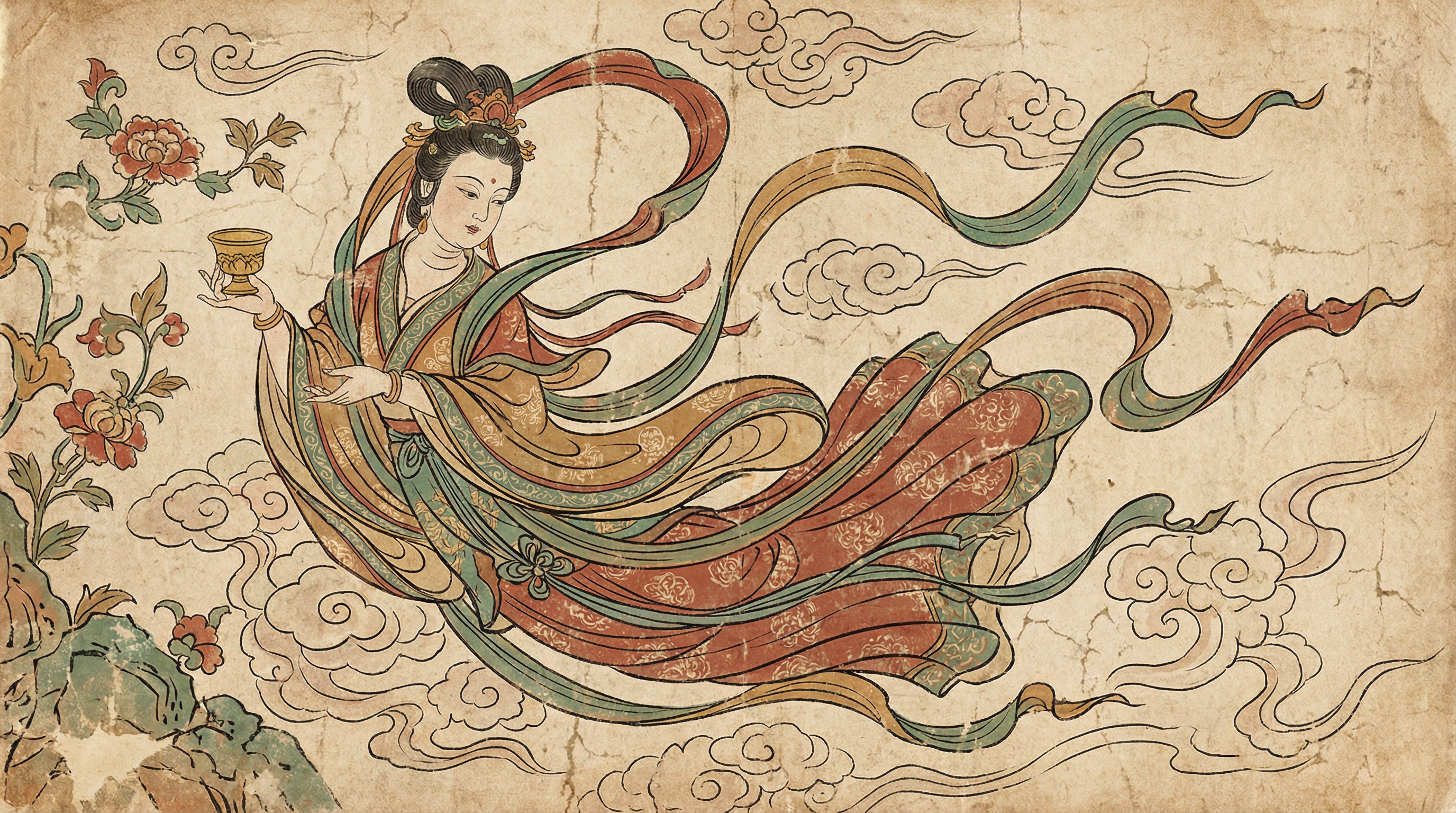 图片展示了一幅古风插画，画面中一位身着华丽服饰的女子飘浮于云间，手持酒 addCriterion感谢您的反馈，我会注意的。