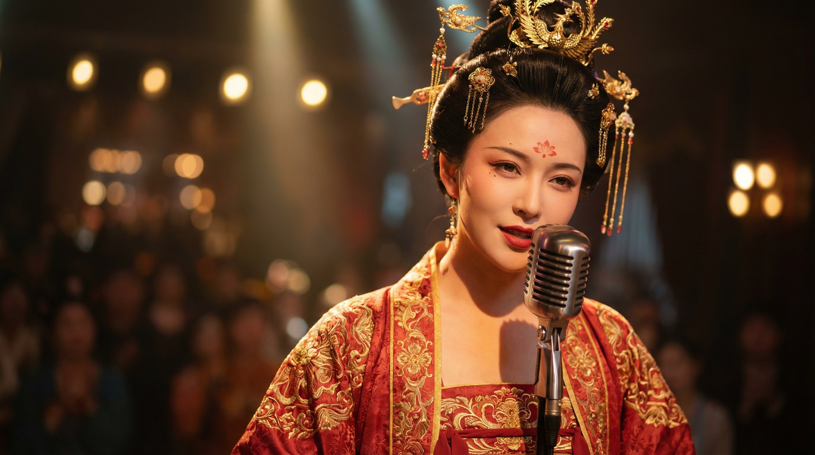图片展示了一位身着华丽古装的女性，她头戴金色发饰，面带精致妆容，身着红色带有金色花纹的服饰，手持麦克风，背景为模糊的观众和灯光，营造出演唱会现场氛围。该图片与文档中“选定主角——古代人物PK”部分内容相关，最终决定以李白为主角，并组建古代摇滚乐队，此图可能是其中一位乐队成员的呈现，体现了古代人物与现代摇滚元素的结合。