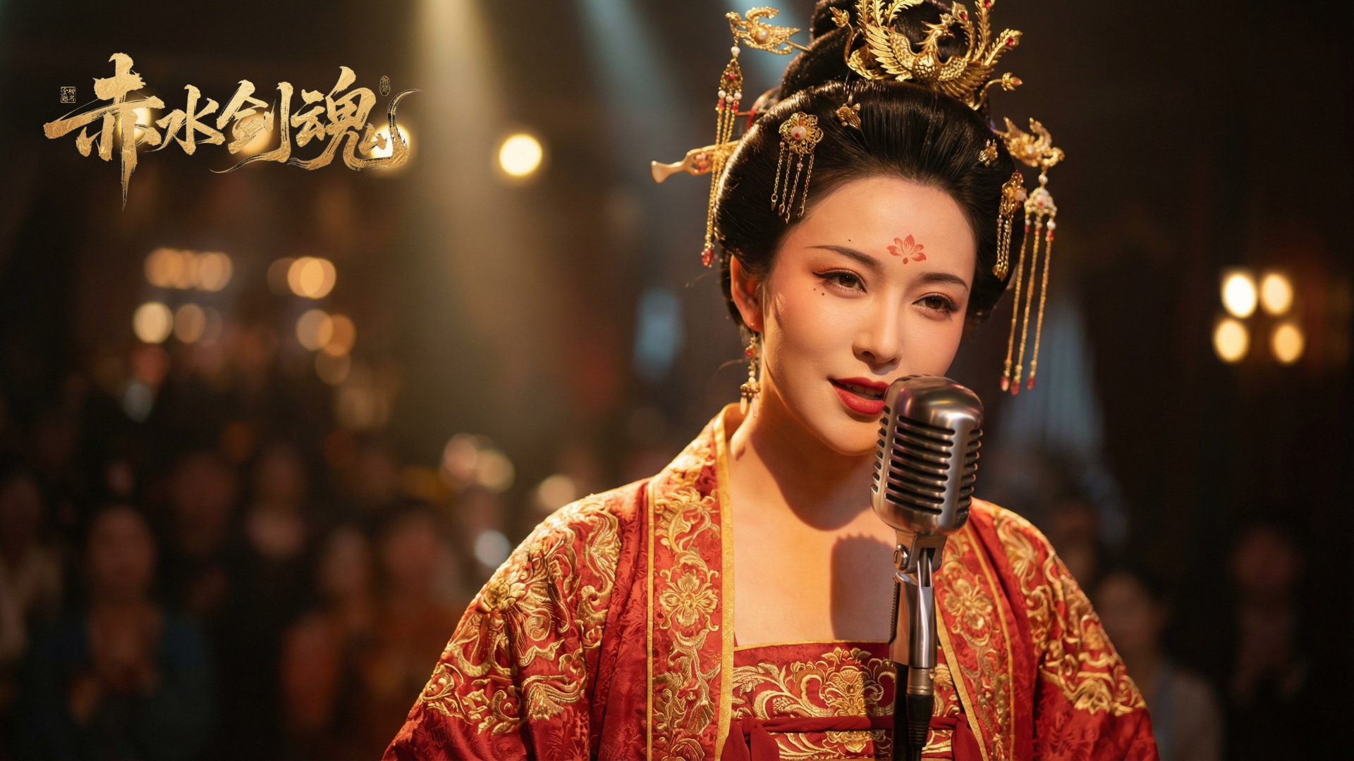 图片展示的是《赤水剑魂》MV中的一位女性角色。她身着华丽的红色古装，头戴金色发饰，面带微笑，正对着麦克风。背景模糊，隐约可见观众和舞台灯光，营造出演唱会现场氛围。图片位于介绍该MV创作流程的文档中，与上下文提到的“以茅台酒为背景，融合中国古代人物的摇滚MV”相呼应，体现了视频中的人物形象与主题风格。