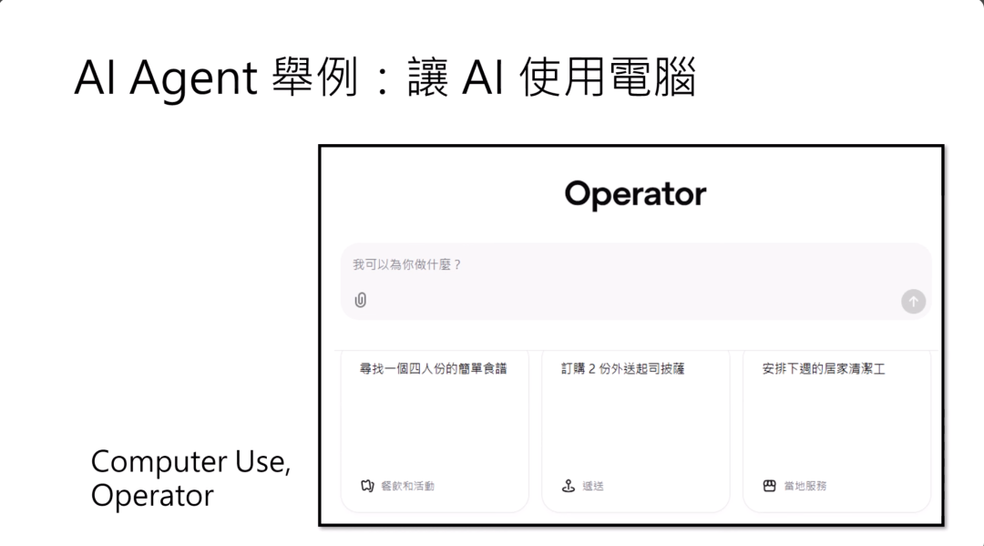图片展示了“让 AI 使用电脑”的 AI Agent 举例——Operator 界面。界面顶部显示“Operator”标题，下方有“我可以为你做什么？”的询问语及麦克风图标。下方列出三项可执行任务，分别是“寻找一个四人份的菜单食谱”“订购 2 份外送起司披萨”“安排下周的居家清洁工”，每项任务下方还有相关图标。这与上下文提到的让 AI 像人类一样使用电脑做事，如订 pizza、预约居家清洁等内容相呼应，直观呈现了 operator 界面可做的事情。