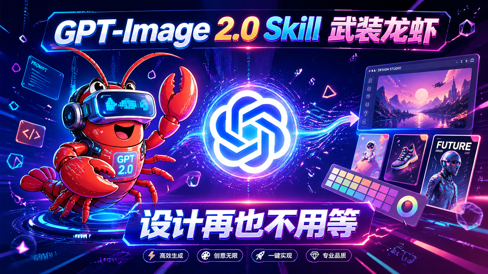 图片展示的是GPT-Image 2.0 Skill武装龙虾的宣传图。画面中，一只戴着VR眼镜、胸前有“GPT 2.0”标识的红色龙虾站在左侧，背景为紫色调，有“GPT-Image 2.0 Skill 武装龙虾”字样。中间是GPT的标志。右侧是一台电脑屏幕，显示着未来风格的图像设计界面。底部有“设计再也不用等”字样，以及“高效生成”“创意无限”“一键实现”“专业品质”等标识。该图与文档中作者决定将GPT-Image 2.0安装到OpenClaw以提升设计能力的内容