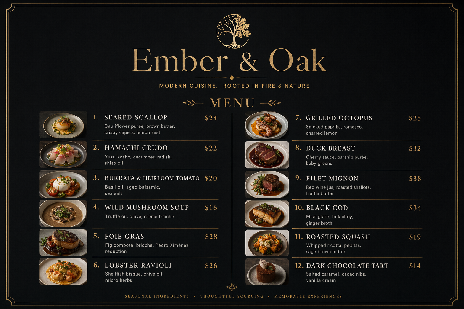 图片 addCriterion图片展示了“Ember & Oak”餐厅的菜单海报。海报背景为黑色，顶部有餐厅名称及“MODERN CUISINE, ROOTED IN FIRE & NATURE”的字样。菜单分为左右两部分，左侧有7道菜品，如Seared Scallop、Hamachi Crudo等，每道菜配有图片及价格；右侧有6道菜品，如Grilled Octopus、Duck Breast等，同样配有图片及价格。底部有“SEASONAL INGREDIENTS”“THOrottle SOURCING”“MEMORABLE EXPERIENCES”字样。该图片与上下文“再试试文本渲染”相关，展示了模型在文本渲染方面的表现。