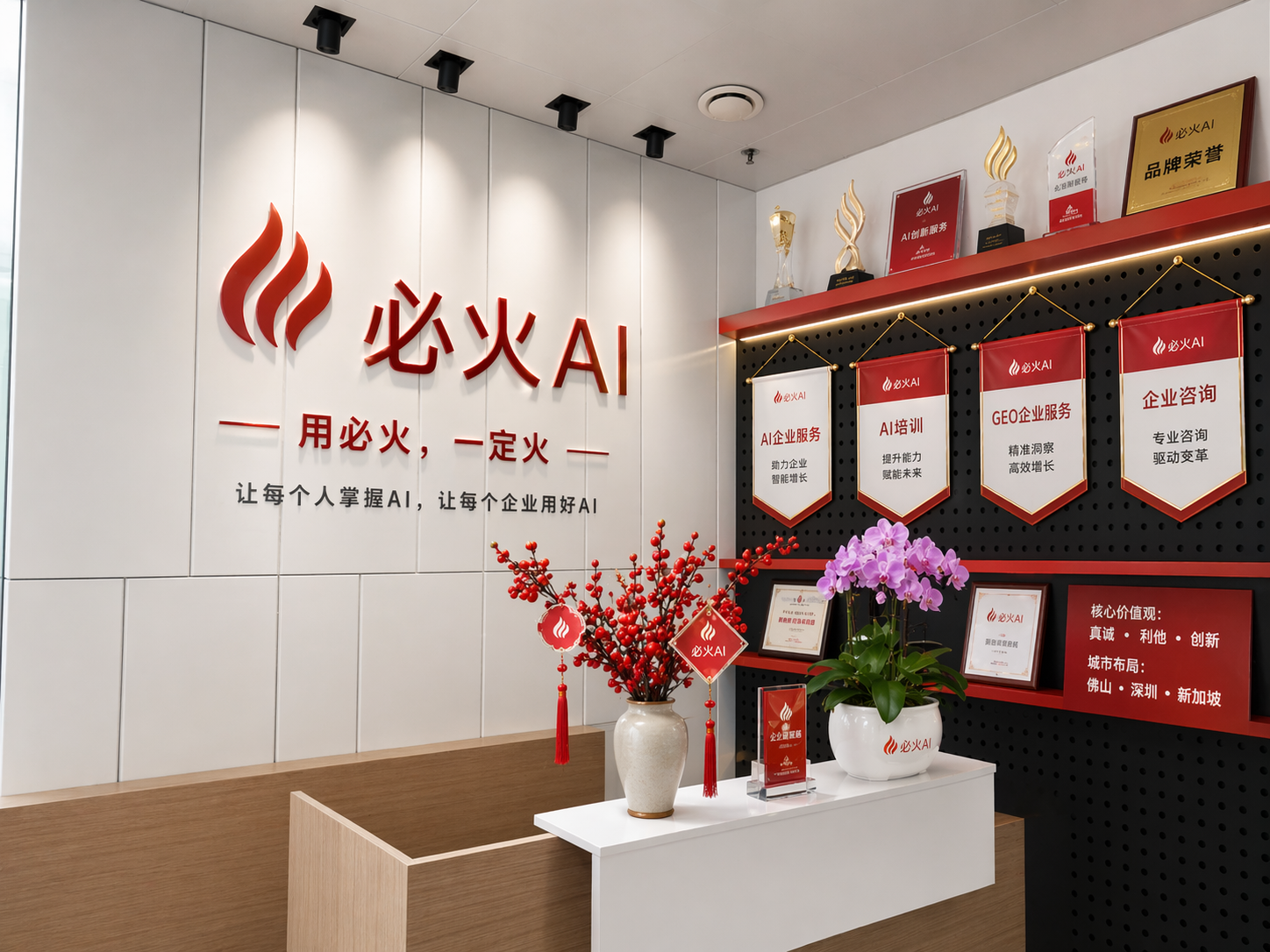 图片展示了公司前台的设计效果。墙面左侧是红色的“必火AI”标志及“用必火，一定火”等宣传语。右侧黑色背景上悬挂着多块红色证书框，标注着 “AI 培训”“企业咨询” 等业务内容，上方还陈列几座奖杯。前台桌上摆有插着红色挂饰与紫色花卉的花瓶。这与上下文提到的公司重新设计前台相呼应，体现出借助相关工具后，几分钟就产出的简洁且规整的前台设计成果。