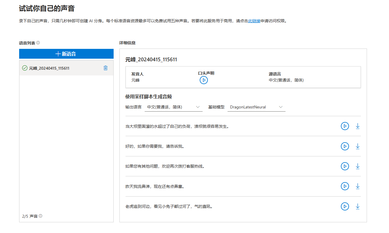 图片展示的是“试试你自己的声音”页面，可免费试用五种声音。页面上方有“语音列表”和“新语音”按钮，下方显示“元峰_20240415_115611”语音信息，包括发言人、口音声明、源语言等。下方有“使用采样脚本生成音频”区域，可选择输出语言、基础模型等，还展示了多条语音示例，如“当大规模震颤的水超过了自己的负荷，事情就很容易发生”等。该图片与上下文介绍的AI分身声音试用相关，直观呈现了试用界面及语音示例。