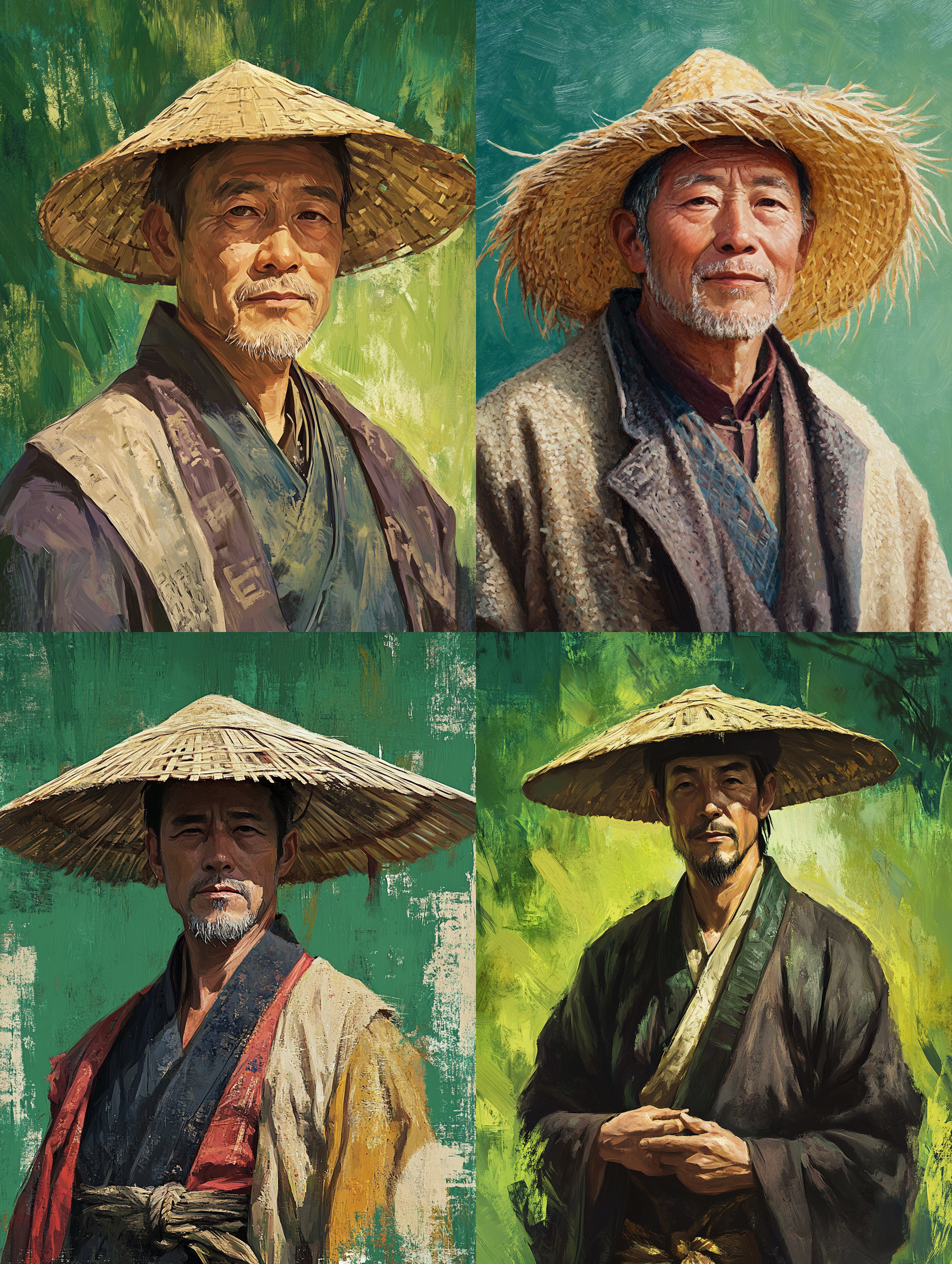 这张图片是通过Midjourney生成的牛郎AI形象，对应文档中提及的“第一步绘制牛郎织女的AI形象”环节，因提示词设置问题，最终生成了四幅风格统一的古风中年男性肖像。这些人物都戴着斗笠，身着带有传统元素的古装，背景是鲜亮的绿色调；但并非用户想要的年轻帅气牛郎形象，与用户理想中的牛郎形象存在明显差距，也让用户意识到Midjourney可能对牛郎形象缺乏准确认知。