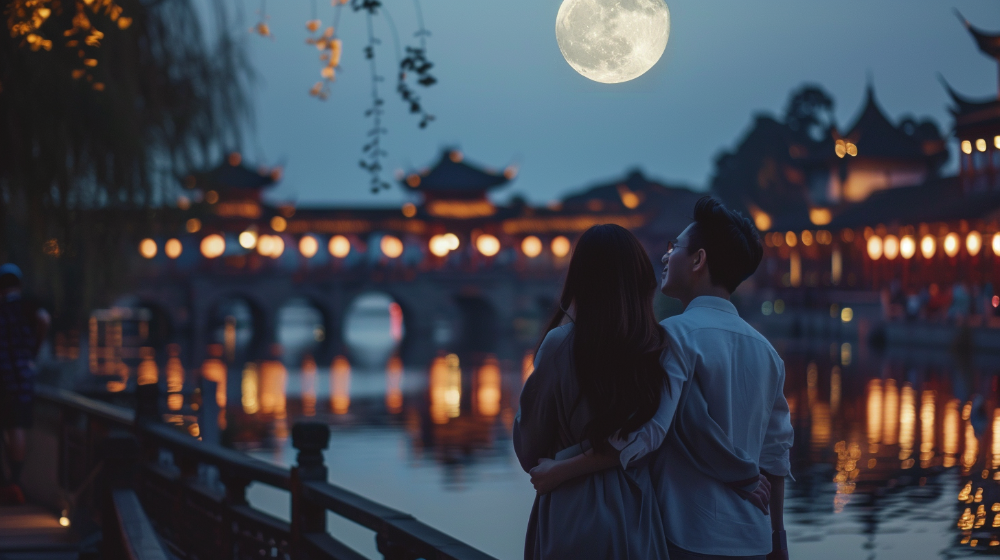 这张图片呈现了七夕夜晚的温馨场景，一对男女相互依偎，并肩站在临水的古建旁，抬头望向空中的满月。古色古香的中式建筑、亮起的灯笼，搭配水面的灯光倒影，营造出浪漫的氛围，契合了文档中“七夕之夜，憧憬和TA共度夜晚”的语境，呼应了文档里关于七夕情侣相伴的相关描述。