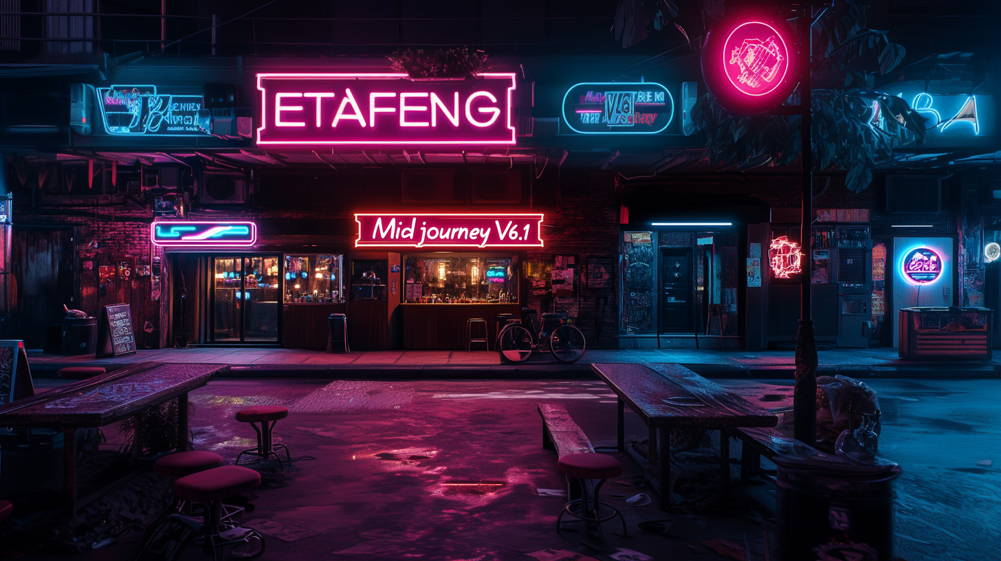 图片展示了一个夜晚的街景，画面中有多个霓虹灯招牌散发着亮眼的光。其中较为醒目的是上方写有“ETAFENG”的长方形招牌，以及下方写有“Midjourney V6.1”的招牌。街道上有几张木质桌子和红色凳子，旁边还有一辆自行车，整体营造出一种赛博朋克风格的氛围。这张图片用于展示Midjourney V6.1的生成效果，与文档中介绍Midjourney V6.1新功能的内容相呼应，直观呈现其图像生成能力。