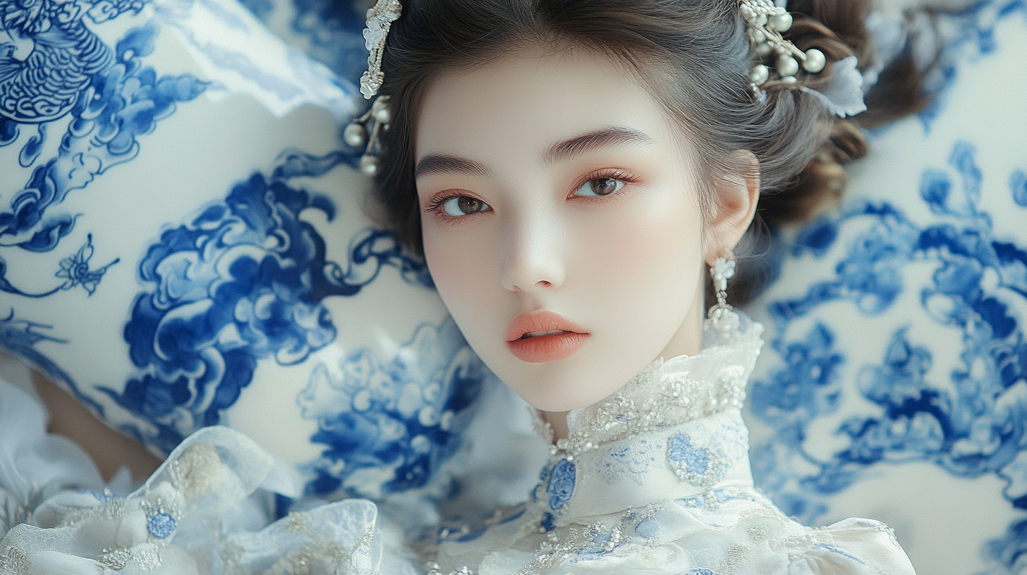 图片展示了一位18岁的美丽女孩，具有东方中式破碎蓝白瓷图案风格。女孩神态 serene，进行肖像摄影，符合时尚社论风格，采用了重点照明。她身着带有蓝白花纹的服饰，头戴装饰着珍珠等饰品的发饰，妆容精致，背景也是蓝白瓷图案，与服饰相呼应。此图作为示例，体现了Midjourney V6.1在图像连贯性和精确细节方面的提升，如人物面部细节刻画精准。
