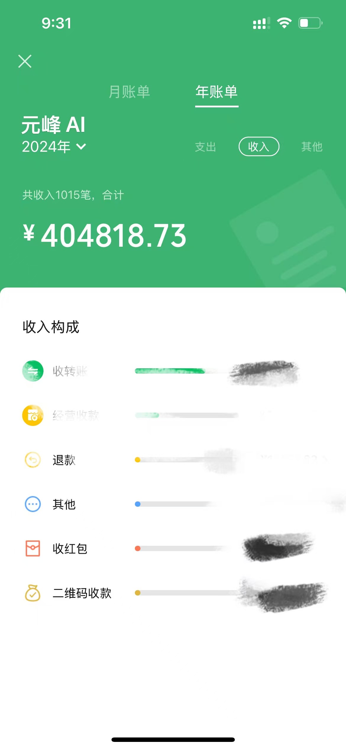 图片展示的是2024年元峰AI的年账单，显示共收入1015笔，合计404818.73元。上方有“月账单”“年账单”选项，当前选中“年账单”。下方“收入构成”部分，有收转账、经营收款、退款、其他、收红包、二维码收款等类别，部分类别数值被模糊处理。该图与文档中作者分享其知识星球年度收入情况的内容相关，直观呈现了其收入数据。