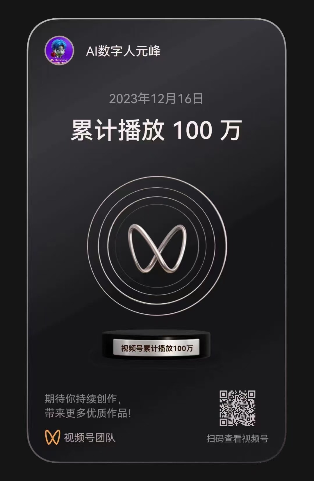 图片展示的是AI数字人元峰在2023年12月16日的视频号数据界面，显示累计播放量达100万，界面中间有象征无限的符号图案，下方有“视频号累计播放100万”的文字标识，右下角有二维码可扫码查看视频号。结合上下文，这是创作者分享自己与AI数字人的故事时，展示的年末获得的惊喜成果之一，印证了其从“流量绝缘体”到数据飙升、获得大量关注的突破。