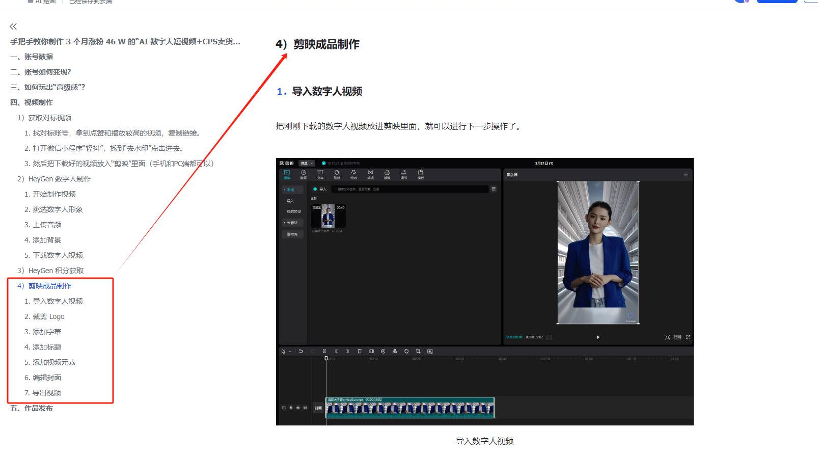 图片展示了剪映成品制作的相关内容。左侧用红色框标注了“剪映成品制作”的步骤，包括导入数字人视频、裁剪Logo、添加字幕等共7步。右侧箭头指向标题“剪映成品制作”，下方是剪映操作界面示例，显示了导入的数字人视频画面。图片与文档中“第六步：剪辑视频（剪映）”的上下文对应，为视频剪辑中剪映成品制作步骤提供了直观参考。