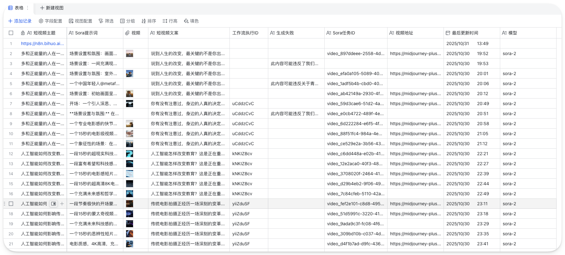 图片展示的是n8n平台中“AI 视频生成”任务的运行记录。记录中列出了多个任务的名称、AI 视频生成ID、AI 视频地址、最后运行时间及AI 模型等信息。其中，任务名称多为“AI如何改变教育”等主题，AI 视频生成ID、AI 视频地址等均有对应内容，最后运行时间显示为2023年10月30日，AI 模型均为sora - 2。该图片与上文提到的Sora2视频生成效果相关，直观呈现了实际跑通后的任务运行情况。