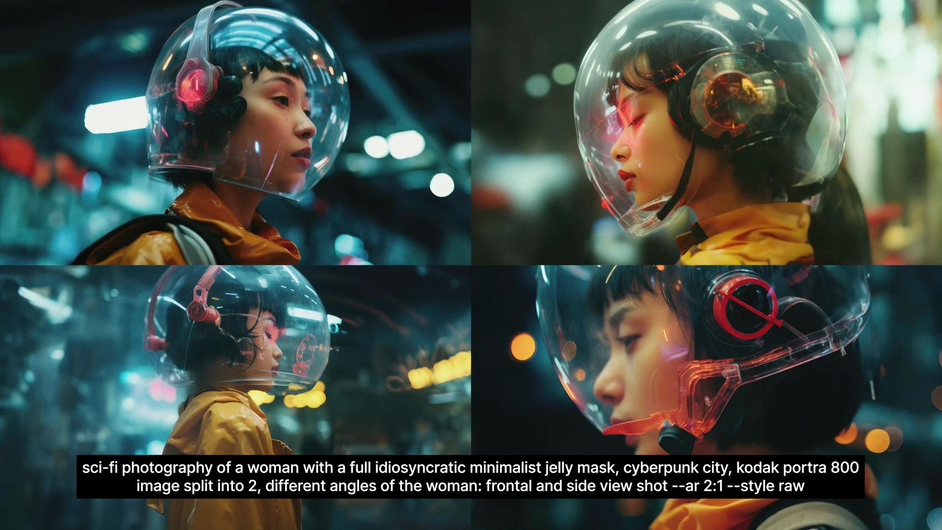 图片展示了四张科幻风格摄影图，均为戴着全透明个性果冻面罩的女性，背景是赛博朋克城市。女性身着黄色上衣，面罩上有红色部件。图片下方有英文提示词，说明是将图像分成两部分、展示女性正面和侧面不同角度的画面，纵横比为2:1，风格为raw。此图是在介绍通过Midjourney和PS实现角色一致性及调整图片比例方法后的效果展示，印证前文步骤可得到想要的图片。