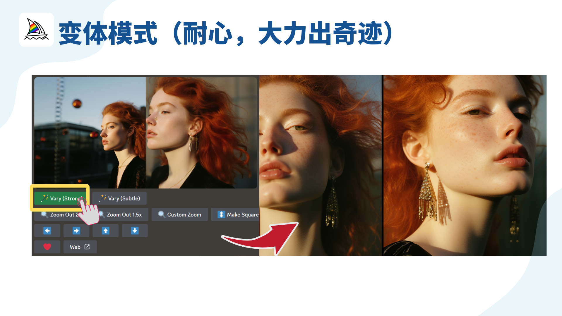 图片展示了MJ中的变体模式操作。画面上方有“变体模式（耐心，大力出奇迹）”的标题。下方左侧为操作界面，手指正点击“Vary (Strong)”（强烈变体）按钮，其右侧还有“Vary (Subtle)”（轻微变体）等选项。右侧是经过强烈变体后的多张红发女性图像，呈现出不同角度和细节变化。图片与上下文紧密相关，直观呈现了文中所提到的变体操作及效果，帮助读者理解变体模式的应用。