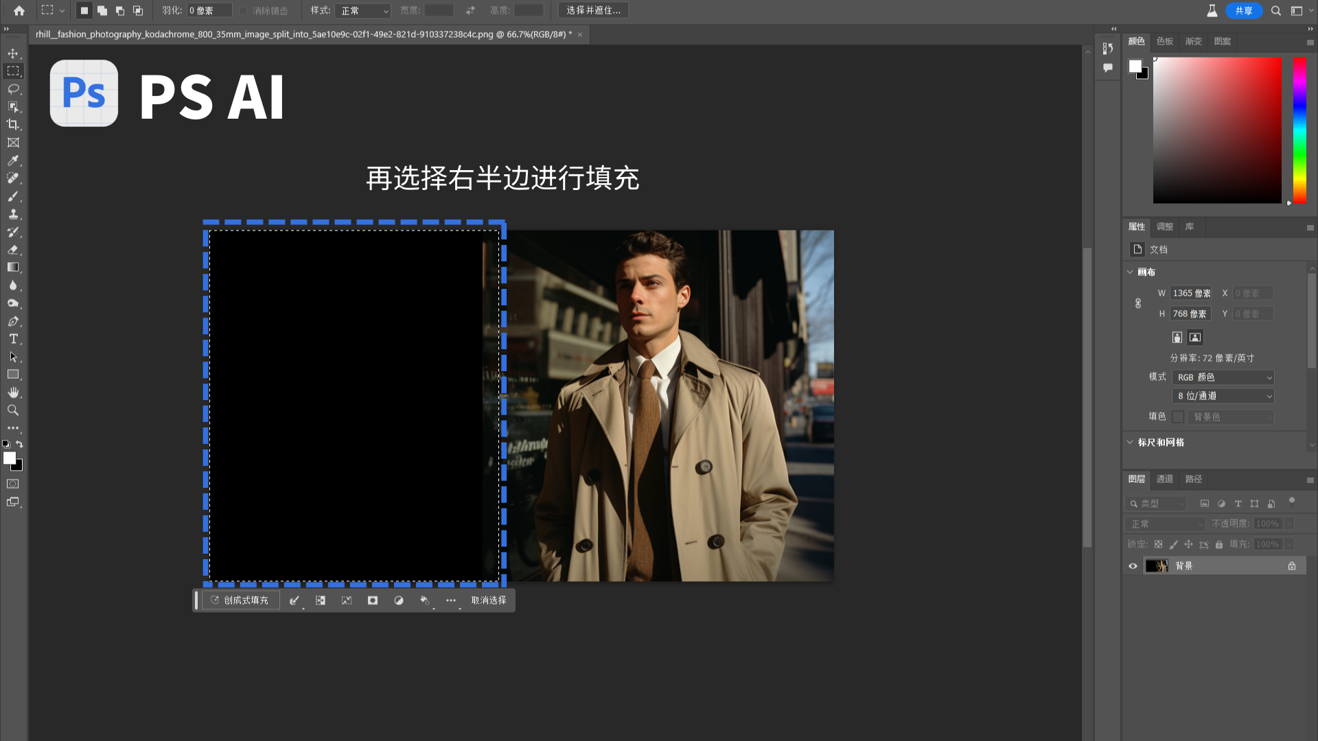 图片展示了PS AI软件界面，界面中一张图片的左半部分被蓝色虚线框选中，框内为黑色区域。图片上方有白色文字“再选择右半边进行填充”。该图与上文“继续填充右边这部分”的内容相呼应，直观呈现了在PS中使用创成式填充功能，对图片右半边进行填充操作前的选区状态，帮助读者更清晰地理解在PS中进行创成式填充以调整图片比例的操作步骤。