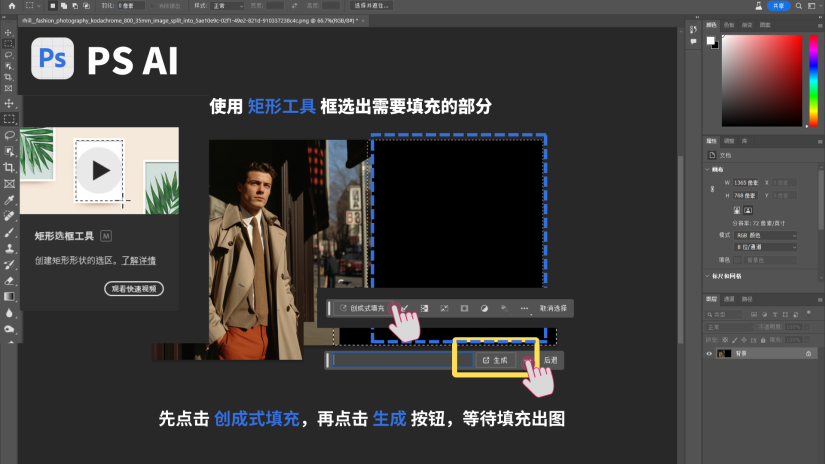 图片展示了在PS AI中进行创成式填充的操作画面。画面中使用矩形工具框选出了图片右侧需要填充的黑色部分，下方有两个关键按钮，分别是“创成式填充”和“生成”，并用手部动作示意操作顺序为先点击“创成式填充”，再点击“生成”按钮，以等待填充出图。此图与文档上文提到的使用PS AI的“创成式填充”功能来框选填充部分的内容相契合，直观呈现了具体操作步骤。