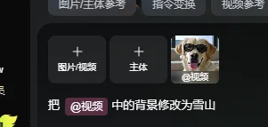 图片图片所在文档中“【移花接木】——复杂背景替换与光影重构”案例测评部分，展示了视频编辑界面中“图片/视频参考”“指令变换”““视频参考”三个功能选项。图片中“图片/视频参考”选项被红色框突出���������������������������������������������������������������������������������������������������������������������������������������������������������������������������������������������������� addCriterion