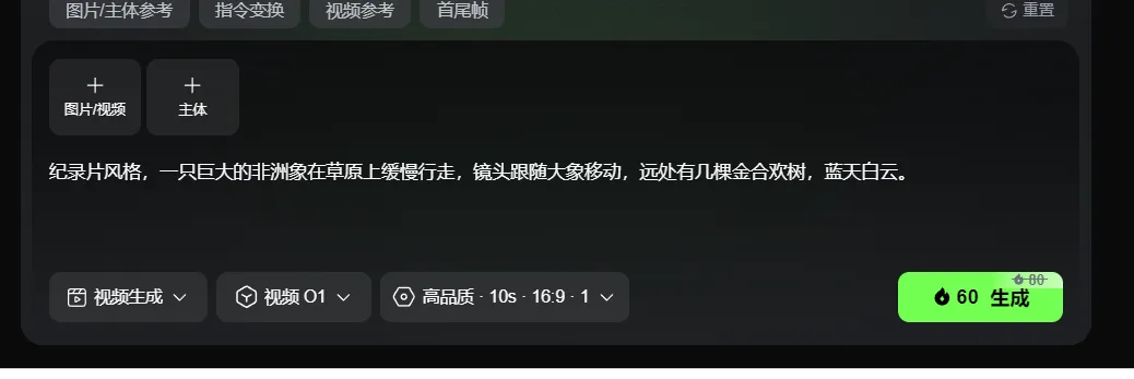 图片展示的是可灵视频O1模型的视频生成界面。界面上方有“图片/主体参考”“指令变换”“视频参考”“首尾帧”等选项卡。下方有“图片/视频”“主体”两个按钮，当前选中“图片/视频”。画面描述为“纪录片风格，一只巨大的非洲象在草原上缓慢行走，镜头跟随大象移动，远处有几棵金合欢树，蓝天白云”。底部有“视频生成”“视频O1”“高品质·10s·16:9·1”选项，以及一个绿色的“60生成”按钮。该图片与上下文介绍的使用可灵视频O1模型修改视频指令，生成视频内容相关。