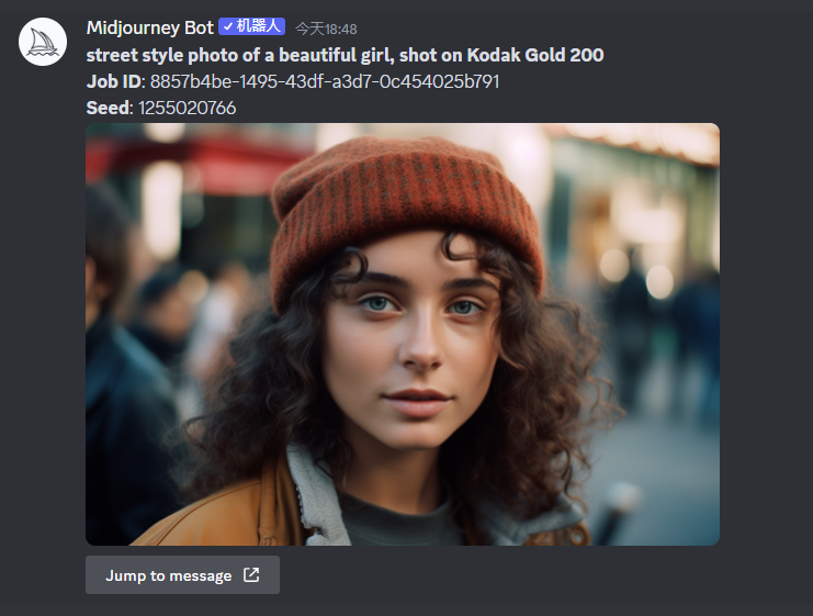 图片展示的是在Discord中获取的初始图像。上方显示“Midjourney Bot”机器人发送的消息，内容为“street style photo of a beautiful girl, shot on Kodak Gold 200”，并附有Job ID和Seed编号。下方是一张侧视图照片，画面中是一位戴着棕色针织帽、穿着棕色外套的美丽女孩，背景模糊，有行人。该图片与上下文关系紧密，是获取初始图像URL和种子短语后制作新提示的示例，用于后续制作角色图像。