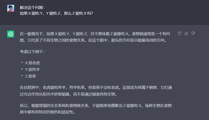 图片展示的是一个关于食物链关系的对话界面。用户提问“如果X能吃Y，Y能吃Z，那么Z能吃X吗？”，模型给出回答，说明在一般情况下，食物链是单向的，箭头方向表示能量流动，不能简单推断出Z能吃X。并以老虎、羚羊、草为例，说明老虎能吃羚羊，羚羊吃草，但草不会吃老虎，因为草是植物，通过光合作用获取能量。此图与上下文关于LLMs在推理任务方面存在困难，需更先进提示工程技术的内容相关，用于说明算术能力示例。