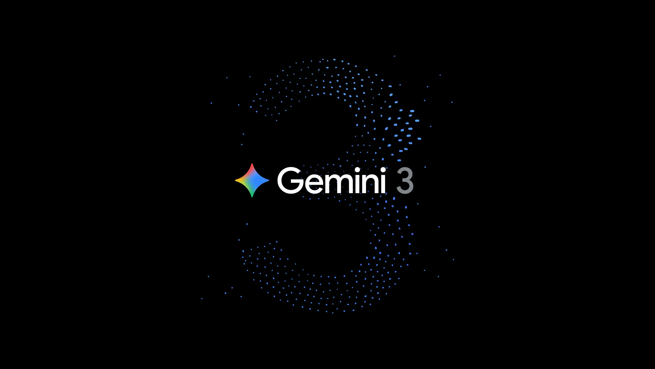 图片展示的是Gemini 3的标志。背景为黑色，中间有一个由蓝色点状元素构成的“3”字，其内部有蓝色点状图案环绕。左侧有一个由蓝色、红色、黄色、绿色四色组成的菱形图案。该图片位于介绍Gemini 3开启智能新时代的文档中，与上文提到的“两年多前，我们开启了Gemini时代”相呼应，直观呈现了Gemini 3这一AI技术的标识。