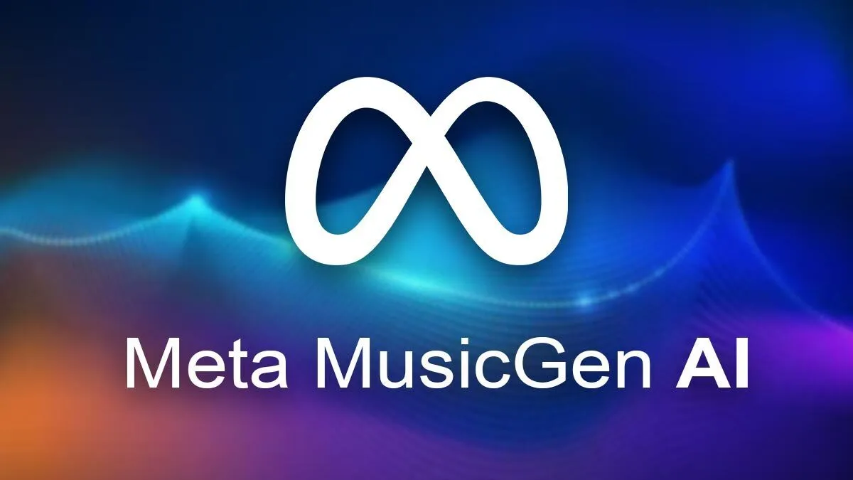 图片展示了Meta MusicGen AI的标志。背景为蓝紫色渐变，带有波浪状线条，营造出科技感。标志主体是一个白色的无限符号，下方文字“Meta MusicGen AI”以白色呈现。该图片位于介绍Meta最近发布的AI音乐生成器MusicGen的文档中，起到直观展示品牌标识的作用，与上下文介绍的Meta MusicGen相呼应。