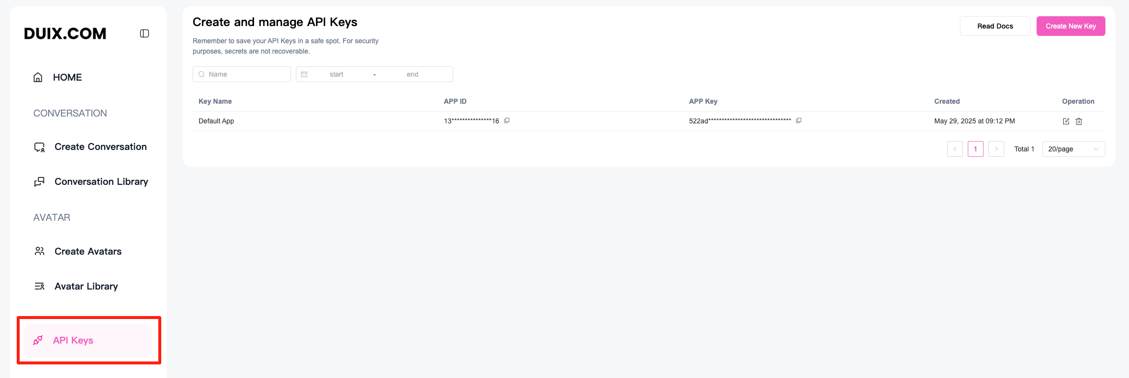 图片展示了DUIX平台中“Create and manage API Keys”页面。左侧导航栏中，“API Keys”选项以红色高亮显示。右侧界面显示了API相关信息，包括Key Name为“Default App”，对应的APP ID、APP Key以及创建时间等。该图片与上下文提到的将DUIX实时互动功能集成到网站、APP或其他应用时需复制App ID、App key和Conversation ID相关，直观呈现了获取App ID和App key的页面位置及相关信息。