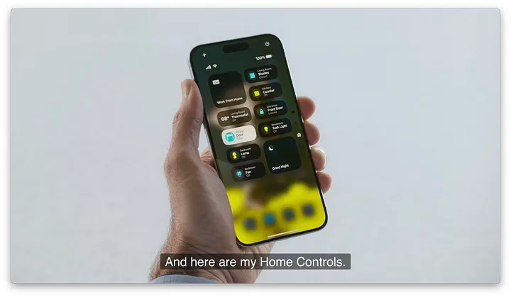 图片展示了一只手握着的iPhone，手机屏幕上显示着“Home Controls”界面。界面上有多个控制选项，如“Work From Home”“Good Morning”“Good Night”等，还有“Lock”“Good Morning”“Good Night”“Good Morning”“Good Night”等按钮。该图片与文档中“自定义控制中心”内容相关，直观呈现了iOS系统中可定制的控制中心界面，体现了应用开发者可使用Controls API提供可在锁屏上使用的控件这一特性。