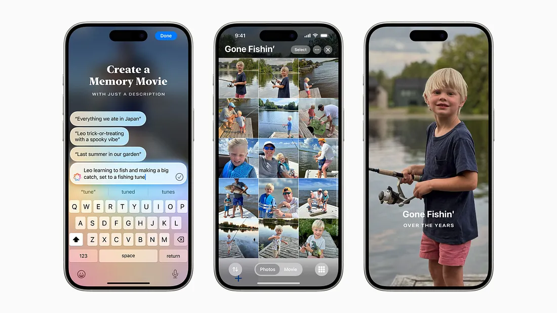 图片展示了Apple Intelligence的“Create a Memory Movie”功能。左侧手机屏幕显示输入描述界面，可输入关于照片主题的描述，如“我们在日本吃的一切”等。中间手机屏幕呈现“Gone Fishin'”电影故事，包含多张钓鱼照片。右侧手机屏幕为一张小男孩钓鱼的照片，下方有“Gone Fishin' OVER THE YEARS”字样。该图片直观呈现了通过描述生成电影故事并匹配照片的功能，与上下文介绍的Apple Intelligence功能相契合。