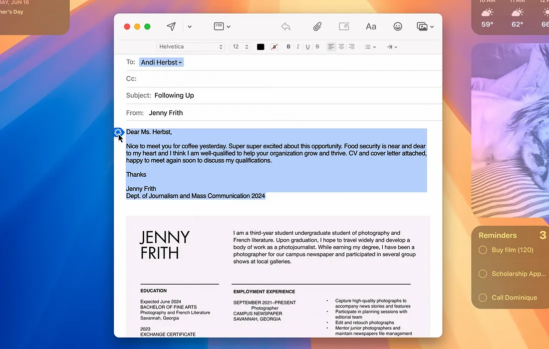 图片展示的是苹果邮件应用界面，显示一封发件人为Jenny Frith、收件人为Andi Herbst的邮件。邮件内容是Jenny Frith对与Andi Herbst在咖啡馆见面的感谢，表达了对食品安全机会的兴奋，并称自己有资格帮助其组织发展。邮件下方附有Jenny Frith的简历，包含教育、实习经历等信息。该图片与上文介绍的Siri改写功能相关，展示了在邮件中使用改写功能可能呈现的效果。