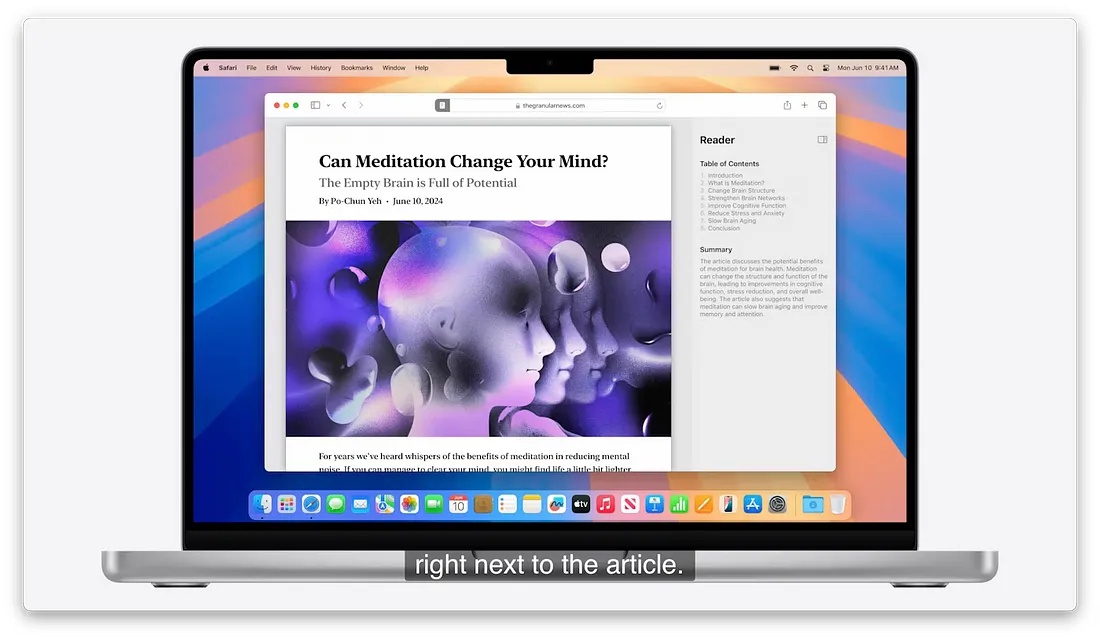 图片展示了MacOS Safari浏览器界面，左侧显示文章标题“Can Meditation Change Your Mind?”，配以紫色抽象艺术风格插图，下方有“Read more”按钮。右侧是文章内容概要，包含目录、摘要等信息。图片下方文字“right next to the article”表明右侧内容与左侧文章紧密相关。该图与上下文介绍的Safari浏览器功能相契合，直观呈现了其获取文章摘要并显示自动生成目录的功能。