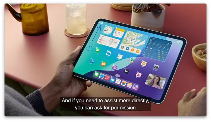 图片展示了一只手拿着iPad的场景，iPad屏幕上显示着多个应用图标。画面中有一个蓝色箭头指向屏幕左上角的“？”图标。下方文字提示“And if you need to assist more directly, you can ask for permission”，意为“如果你需要更直接地协助，可以请求许可”。该图片与上文介绍iPadOS 18中SharePlay屏幕共享功能的内容相关，展示了在iPad上请求屏幕共享许可的操作界面。